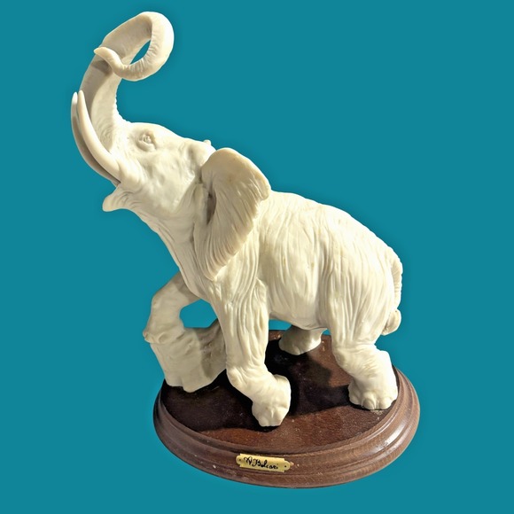 Vintage V Balsari Elephant Statue Sculpture Ivory Resin Wood Base 10in Italy